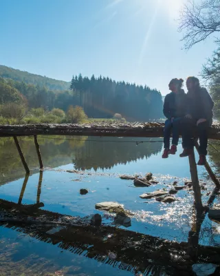 Ce pont rustique, le dernier representant du genre dans la vallee, est constitue de panneaux tresses de branches de noisetier, posés sur des piliers en bois places a meme le lit de la rivière (la Semois). ce pont ephemere est installe chaque annee en ete et automne ressourcement © WBT - Péripléties