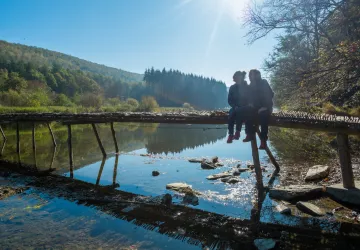 Ce pont rustique, le dernier representant du genre dans la vallee, est constitue de panneaux tresses de branches de noisetier, posés sur des piliers en bois places a meme le lit de la rivière (la Semois). ce pont ephemere est installe chaque annee en ete et automne ressourcement © WBT - Péripléties